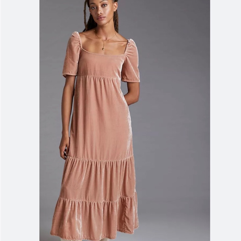 NWOT Anthropologie Velvet Velour Empire Midi Dress Pink Short Sleeve Size 0P